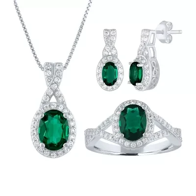 Womens Lab Created Green Emerald Sterling Silver Jewelry Set