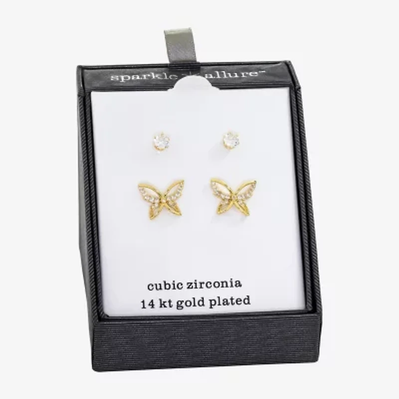 Sparkle Allure Womens Cubic Zirconia 14K Gold Over Brass Butterfly 2 Pair Earring Set