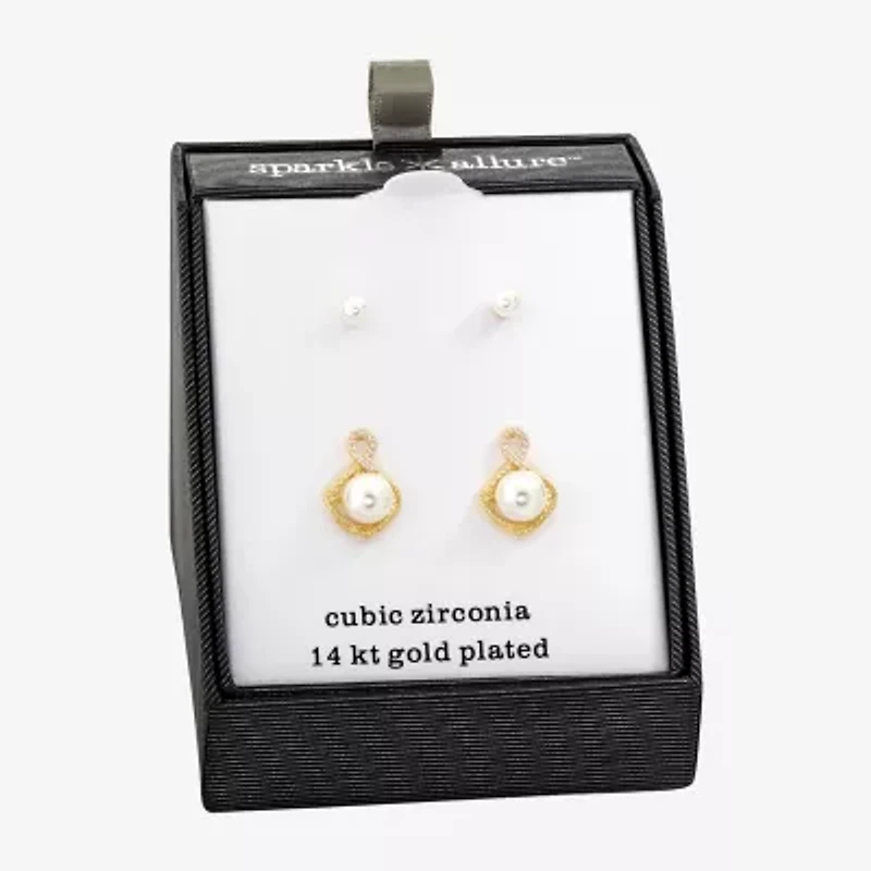 Sparkle Allure Womens Simulated Pearl 14K Gold Over Brass 2 Pair Earring Set