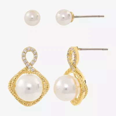 Sparkle Allure Womens Simulated Pearl 14K Gold Over Brass 2 Pair Earring Set