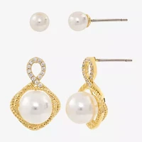 Sparkle Allure Womens Simulated Pearl 14K Gold Over Brass 2 Pair Earring Set