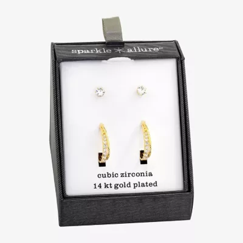 Sparkle Allure Womens Cubic Zirconia 14K Gold Over Brass 2 Pair Earring Set