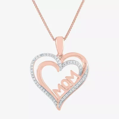 "Mom" Womens 1/10 CT. T.W. Natural White Diamond 14K Rose Gold Over Silver Heart 18 Inch Pendant Necklace