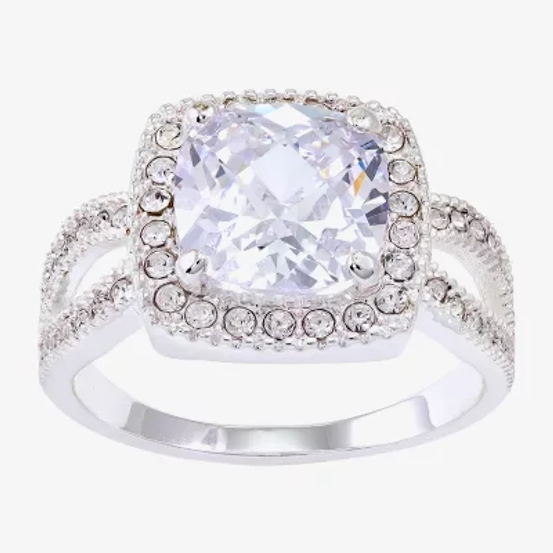 Sparkle Allure Split Shank Womens Cubic Zirconia Pure Silver Over Brass Cushion Halo Cocktail Ring