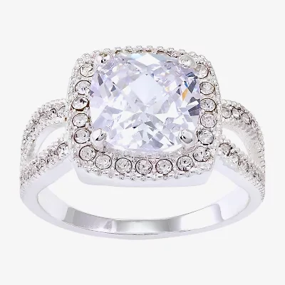 Sparkle Allure Split Shank Womens Cubic Zirconia Pure Silver Over Brass Cushion Halo Cocktail Ring