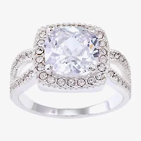 Sparkle Allure Split Shank Womens Cubic Zirconia Pure Silver Over Brass Cushion Halo Cocktail Ring