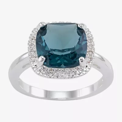 Sparkle Allure Womens Blue Crystal Pure Silver Over Brass Cushion Halo Cocktail Ring