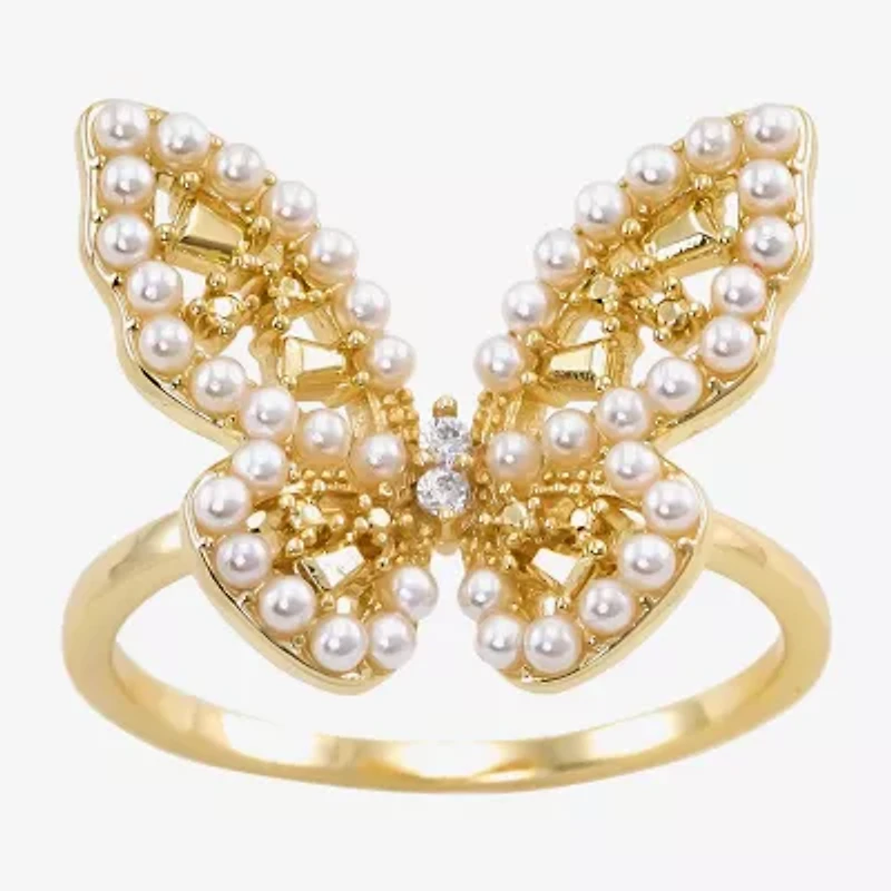 Sparkle Allure Womens White Simulated Pearl 14K Gold Over Brass Butterfly Cocktail Ring