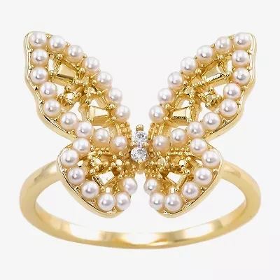 Sparkle Allure Womens White Simulated Pearl 14K Gold Over Brass Butterfly Cocktail Ring