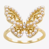 Sparkle Allure Womens White Simulated Pearl 14K Gold Over Brass Butterfly Cocktail Ring