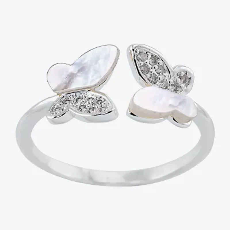 Sparkle Allure Bypass Womens White Mother Of Pearl Pure Silver Over Brass Butterfly Band