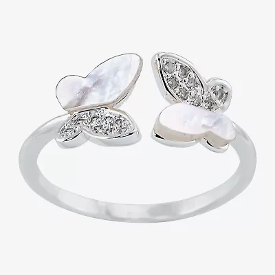 Sparkle Allure Bypass Womens White Mother Of Pearl Pure Silver Over Brass Butterfly  Band