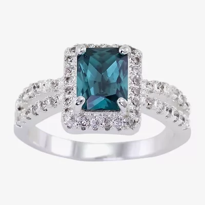 Sparkle Allure Split Shank Womens Blue Crystal Pure Silver Over Brass Halo Cocktail Ring