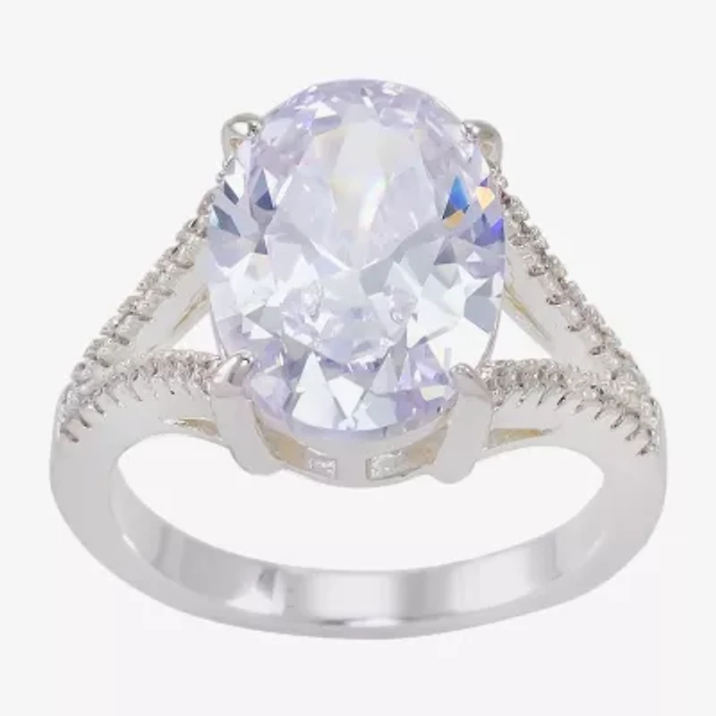 Sparkle Allure Split Shank Womens Cubic Zirconia Pure Silver Over Brass Oval Cocktail Ring