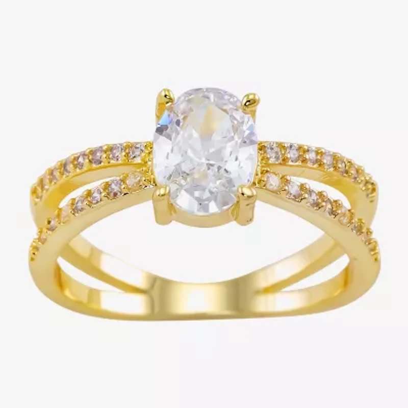 Sparkle Allure Crossover Split Shank Womens Cubic Zirconia 14K Gold Over Brass Oval Engagement Ring