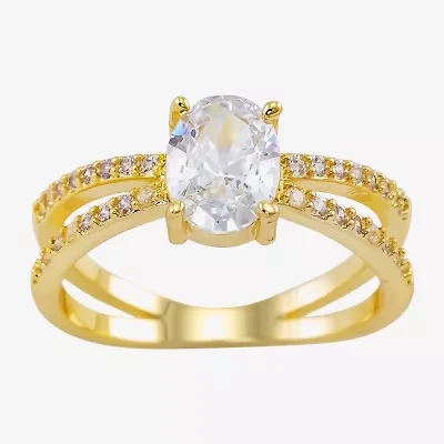 Sparkle Allure Crossover Split Shank Womens Cubic Zirconia 14K Gold Over Brass Oval Engagement Ring