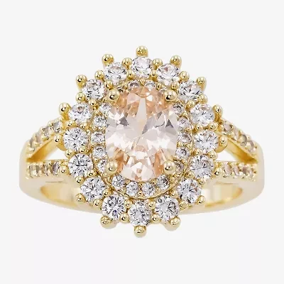 Sparkle Allure Womens Champagne Cubic Zirconia 14K Gold Over Brass Oval Halo Cocktail Ring