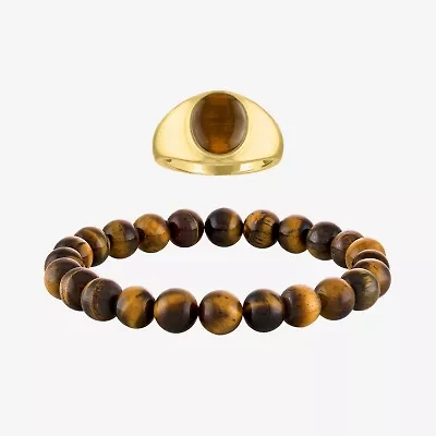Mens Brown Tiger's Eye 14K Gold Over Silver 2-pc. Jewelry Set