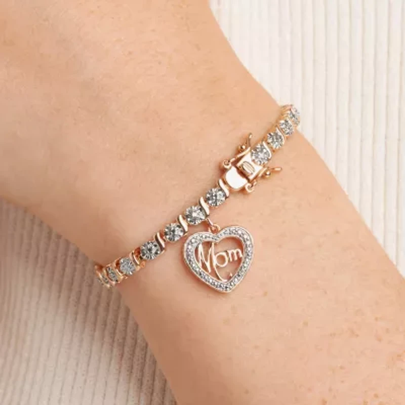 Sparkle Allure Mom Womens Natural Diamond Accent Pure Silver Over Bronze Heart 7.25 Inch Tennis Bracelet