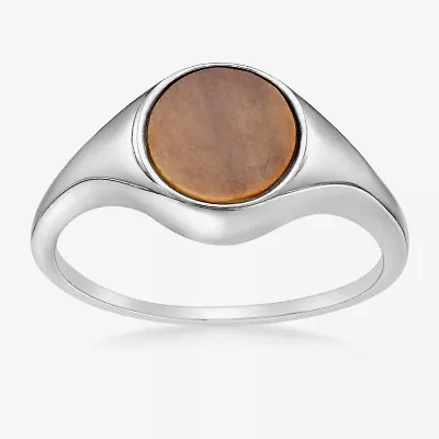 Womens Genuine Brown Tiger's Eye Sterling Silver Round Cocktail Ring