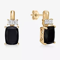 Womens Genuine Black Onyx 10K Gold Cushion Drop Earrings