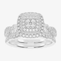 Womens / CT. T.W. Natural White Diamond 10K Gold Cushion Side Stone Halo Bridal Set