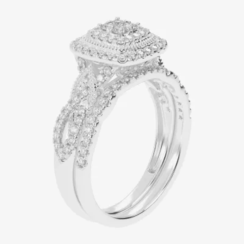 Womens / CT. T.W. Natural White Diamond 10K Gold Cushion Side Stone Halo Bridal Set