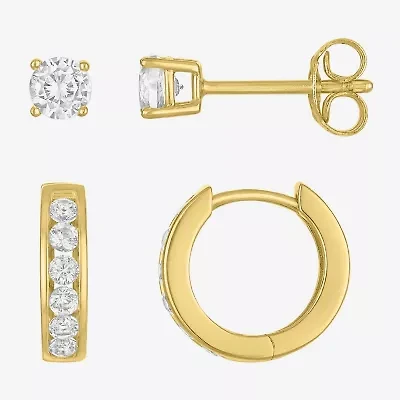 Yes, Please! Womens Lab Created White Sapphire 14K Gold Over Silver Round 2 Pair Earring Set