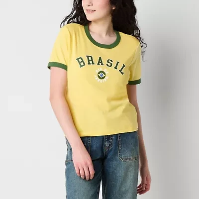 Brazil Ringer Tee Womens Crew Neck Short Sleeve Regular Fit Juniors Graphic T-Shirt