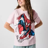 Womens Crew Neck Short Sleeve Regular Fit Spiderman Juniors Graphic T-Shirt