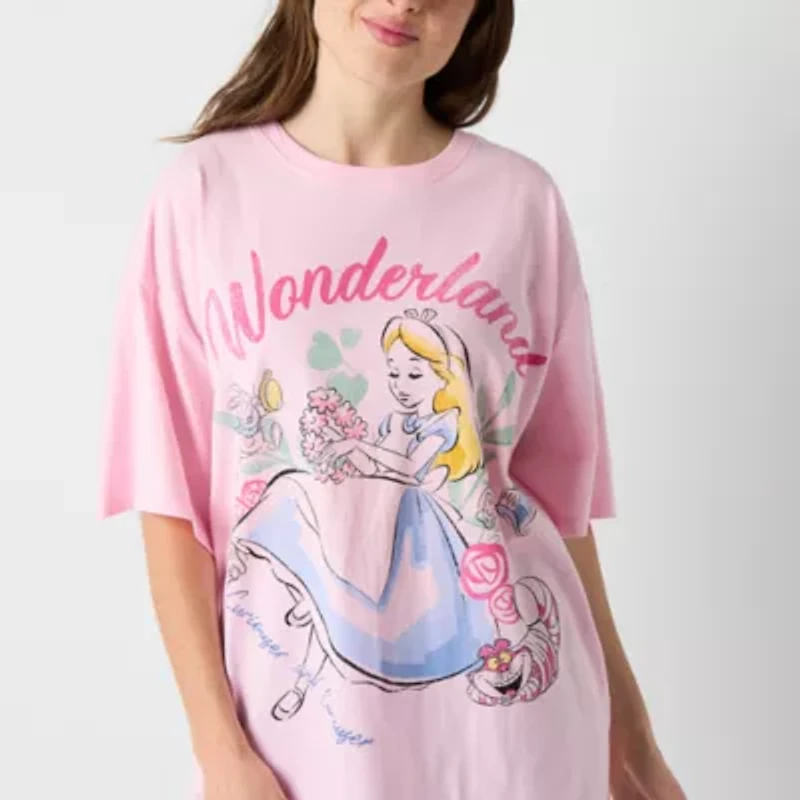 Womens Crew Neck Short Sleeve Oversized Alice Wonderland Juniors Graphic T-Shirt