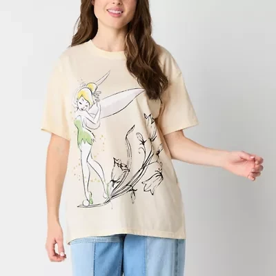 Tinkerbell Womens Juniors Crew Neck Short Sleeve Oversized Tinker Bell Graphic T-Shirt