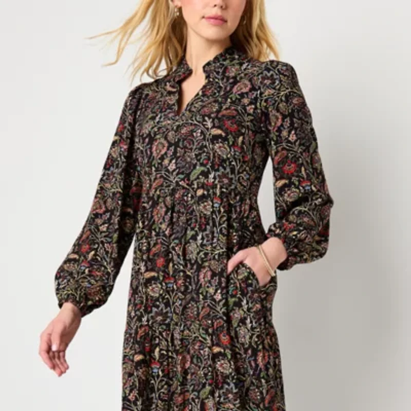Jessica Howard Womens Long Sleeve Paisley Midi Fit + Flare Dress