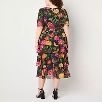 Danny & Nicole Womens Short Sleeve Floral Midi Plus Fit + Flare Dress
