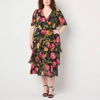 Danny & Nicole Womens Short Sleeve Floral Midi Plus Fit + Flare Dress