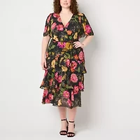 Danny & Nicole Womens Short Sleeve Floral Midi Plus Fit + Flare Dress
