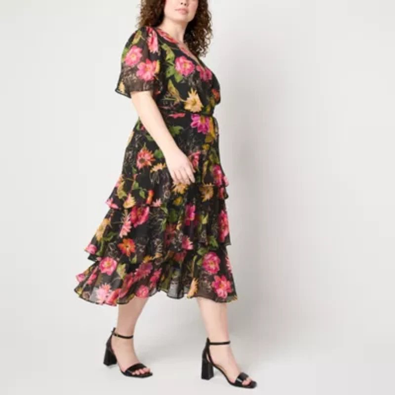 Danny & Nicole Womens Short Sleeve Floral Midi Plus Fit + Flare Dress