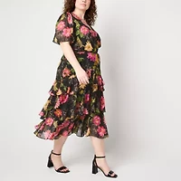 Danny & Nicole Womens Short Sleeve Floral Midi Plus Fit + Flare Dress