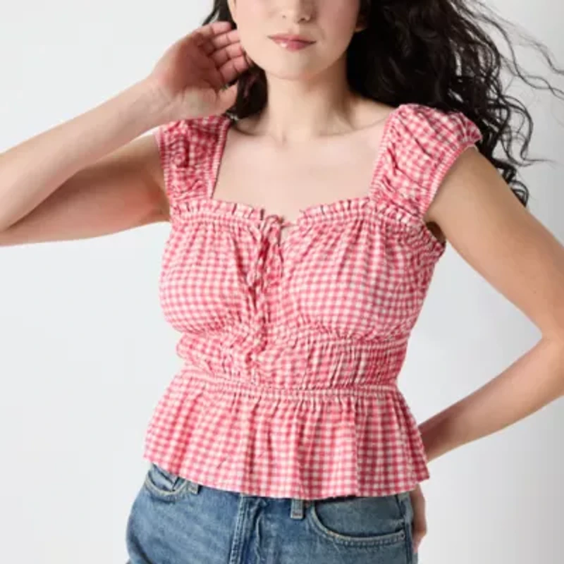 Arizona Womens Juniors Straight Neck Peplum Top