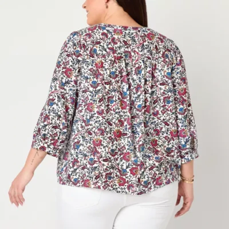 St. John's Bay Womens Split Crew Neck 3/4 Sleeve Plus Blouse
