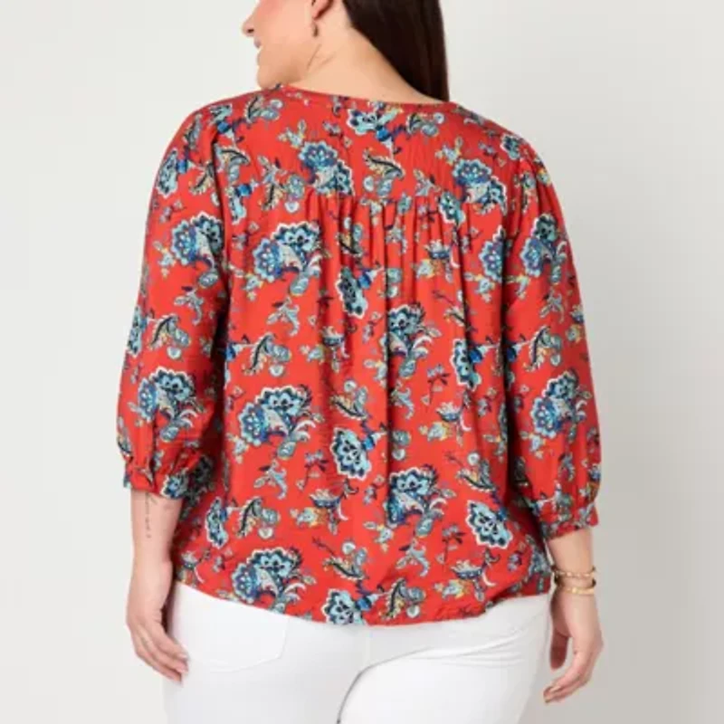 St. John's Bay Womens Plus Split Crew Neck 3/4 Sleeve Blouse