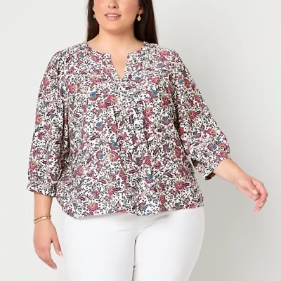 St. John's Bay Womens Plus Split Crew Neck 3/4 Sleeve Blouse