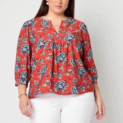 St. John's Bay Womens Plus Split Crew Neck 3/4 Sleeve Blouse