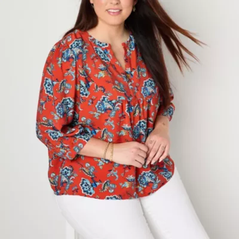 St. John's Bay Womens Plus Split Crew Neck 3/4 Sleeve Blouse