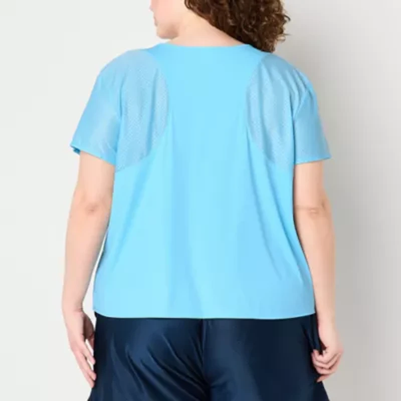 Xersion Womens Mesh Round Neck Short Sleeve T-Shirt Plus