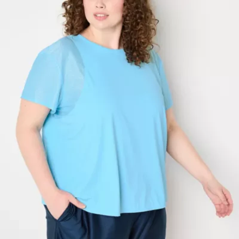 Xersion Womens Mesh Round Neck Short Sleeve T-Shirt Plus