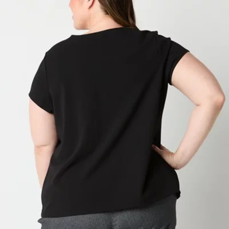 Liz Claiborne Texture Womens Round Neck Short Sleeve Plus Blouse
