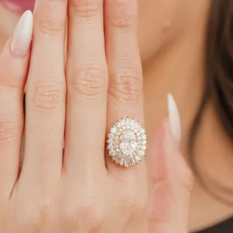 (Si2 / G) Womens 3 1/2 CT. T.W Lab Grown White Diamond 10K Gold Oval Sunburst Cluster Cocktail Ring
