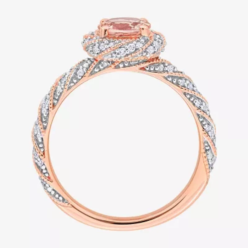 Womens Genuine Pink Morganite 14K Rose Gold Halo Cocktail Ring