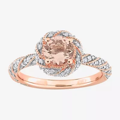 Womens Genuine Pink Morganite 14K Rose Gold Halo Cocktail Ring